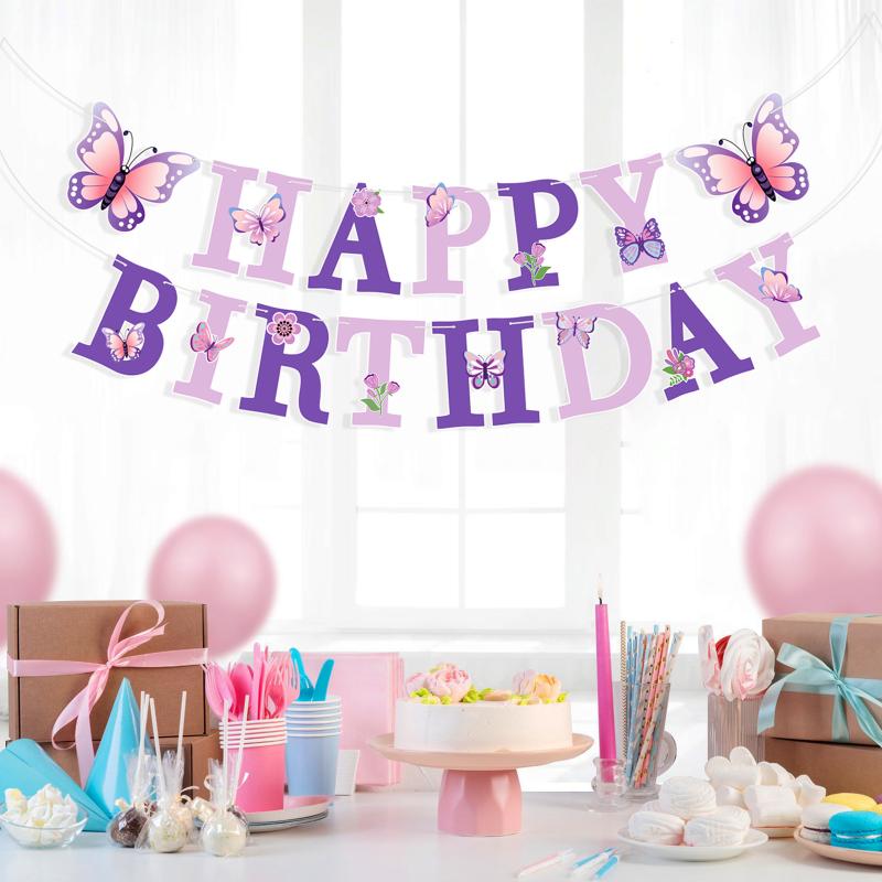 Happy Birthday Banner Mit Schmetterling Tanzende Blumen Hängender Anhänger Girlanden Mädchen 1. Happy Birthday Party Dekorationen