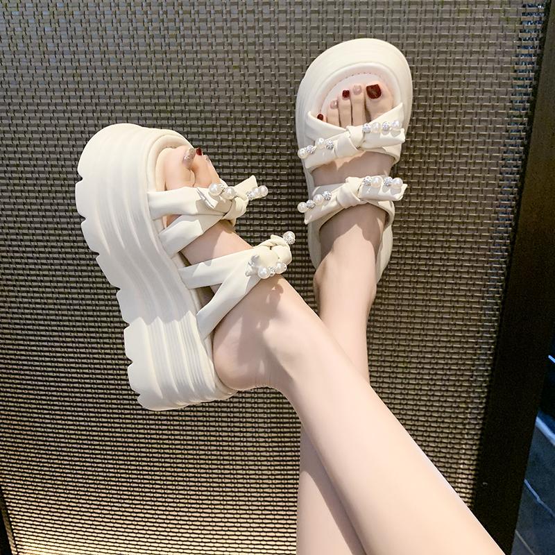 Fashion 8CM Heels Chunky Slippers for Women Open Toe High Platform Crystal Sandals Woman New Summer Thick Bottom Beach Bead Flip Flops