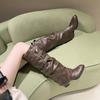 Women's Chunky Heel Pants Boots Western Cowboy Shoes Women's Autumn Retro Fashion High Waist Belt Buckle Pointed Toe Rider Boots