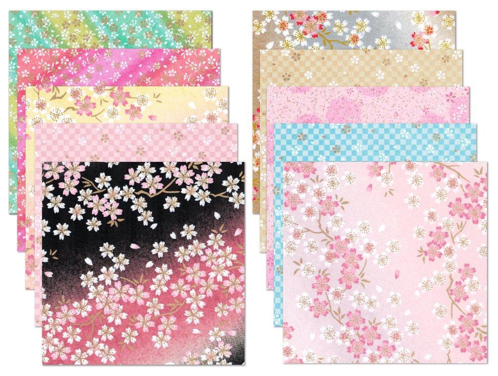 Kawasumi Washi Special Cherry Blossom Chiyogami Yuzen Washi 10 Patterns Hand-Dyed Paper, 15cm,