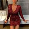 2024 Fall and Winter New European Beauty Sexy Pleated V-neck Hip Short Fashionable Sequins Long Sleeves Dress Dress Dress Dress