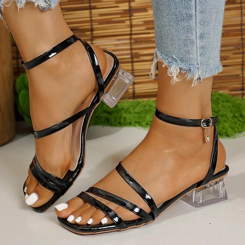 Fashion Transparent Chunky Heel Sandals for Women Summer 2025 Fashion Ankle Strap Dress Sandals Woman Comfort Square Toe Sandalias Mujer