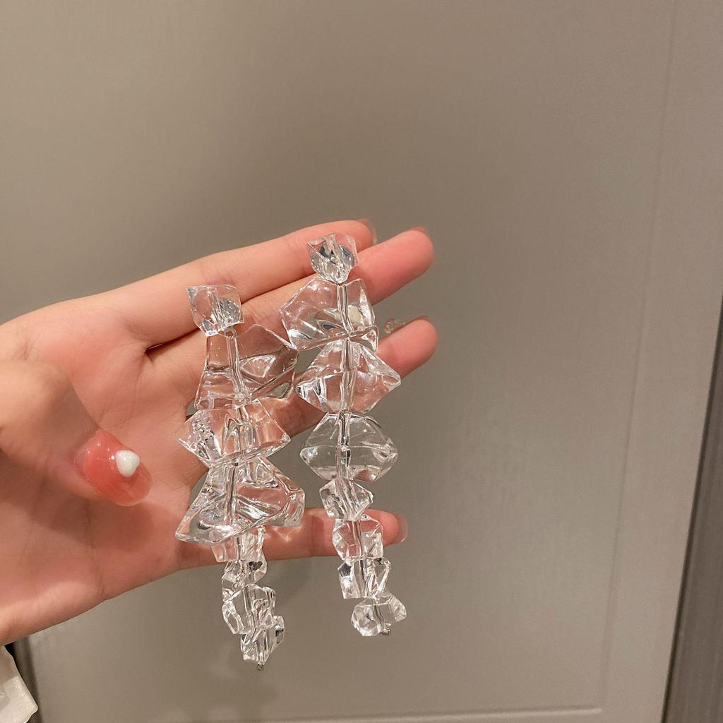 Geometric Irregular Silver Needle Acrylic Ice Cube Earrings - Elegant and Fashionable for Women