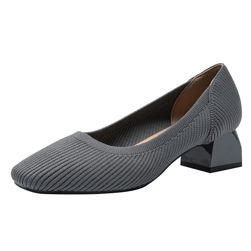 Women’s Breathable Knit Square Toe Chunky Heel Casual Shoes - 4cm Medium Heel, Plus Size, Soft Sole, Summer Style.