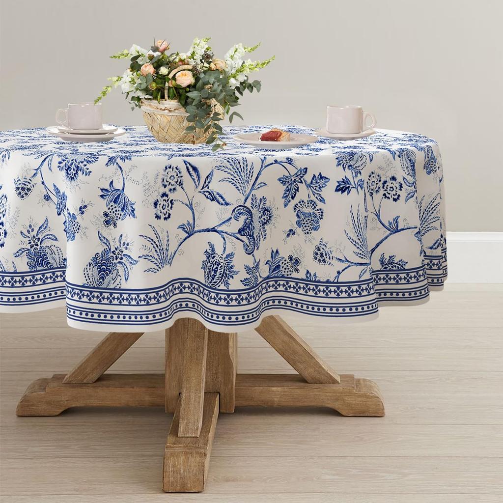 Yighty Round Tablecloth 60x60 Inch, Waterproof Wrinkle Resistant Durable Polyester Table Cover Blue Floral Tablecloth for Indoor and Outdoor, Holiday