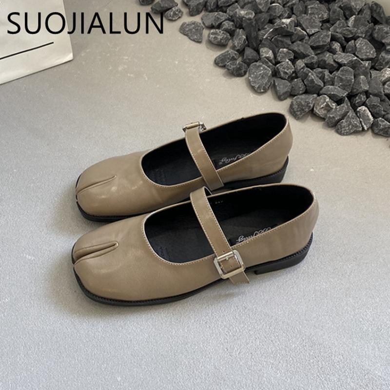 Fashion SUOJIALUN Spring New Brand Women Flat Shoes Fashion Split Toe Laofer Shoes Soft Flat Heel Ladies Casual Outdoor Mary Jane Shoes
