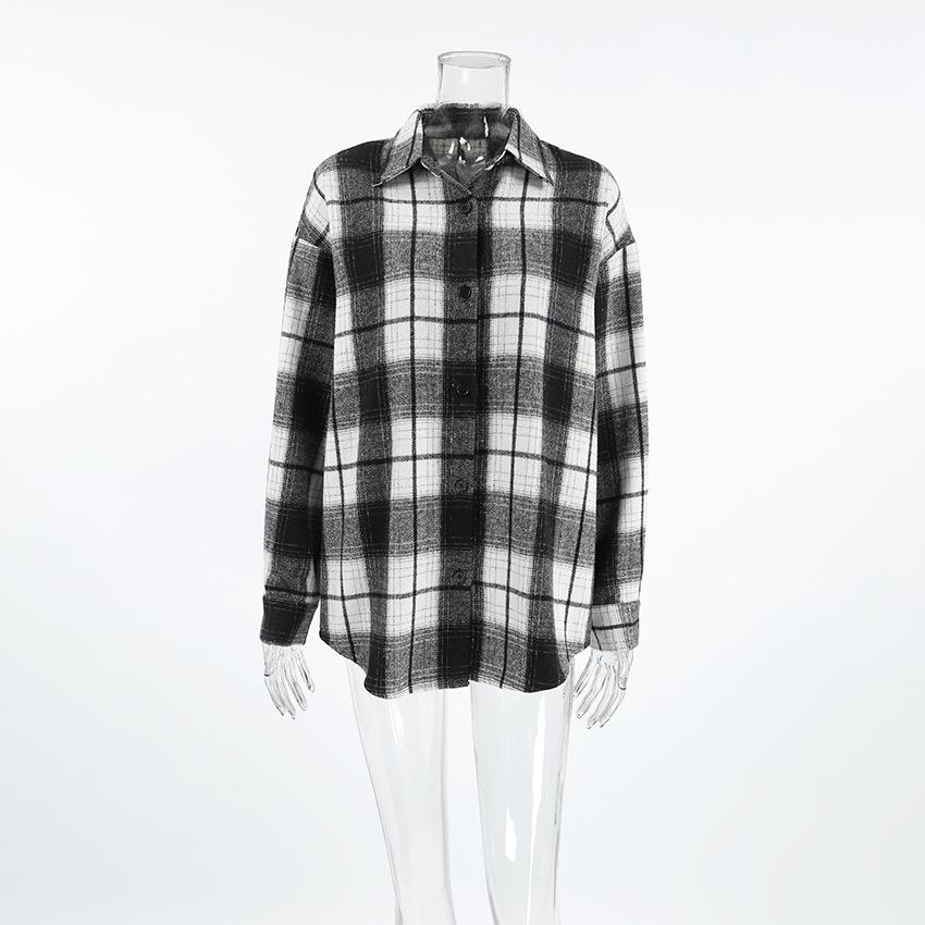 1116 European and American retro style classic loose black and white plaid shirt versatile casual explosion long-sleeved shirt wholesale women
