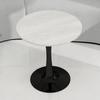 27.6-Inch black coffee table, mid-century modern style, for 2-4 people, round marble tabletop with a white veined finish, various settings.