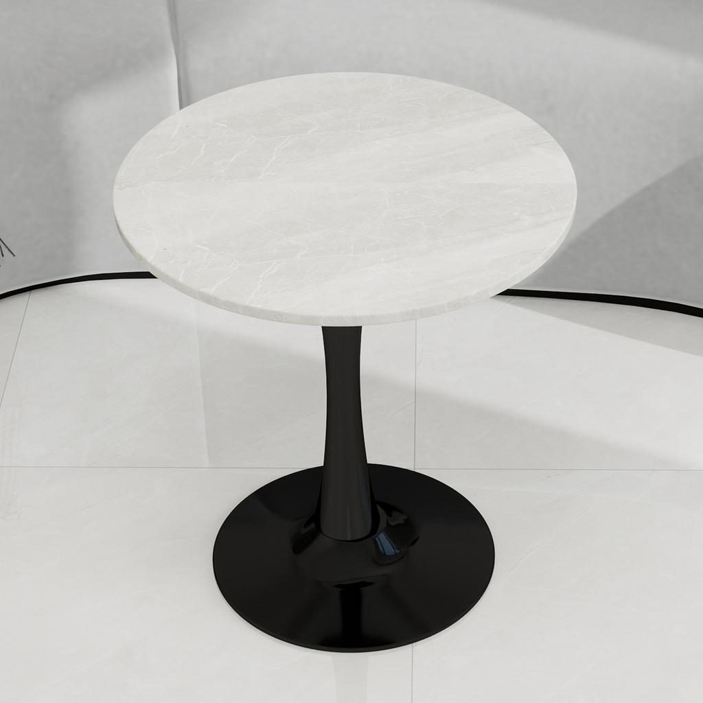 27.6-Inch black coffee table, mid-century modern style, for 2-4 people, round marble tabletop with a white veined finish, various settings.