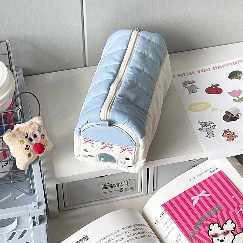 1Pc Multi Functional Embroidery Stationery Box Large Capacity Pen Bag Simple Stationery House Pencil Case Cotton Pen Storage Bag