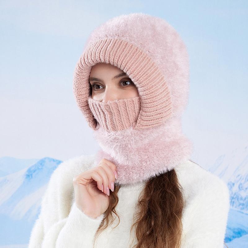 Winter Outdoor Warm Pullover Cap Women's Velvet Ear Protection Riding Neck Integrated Knitted Wool Cap
