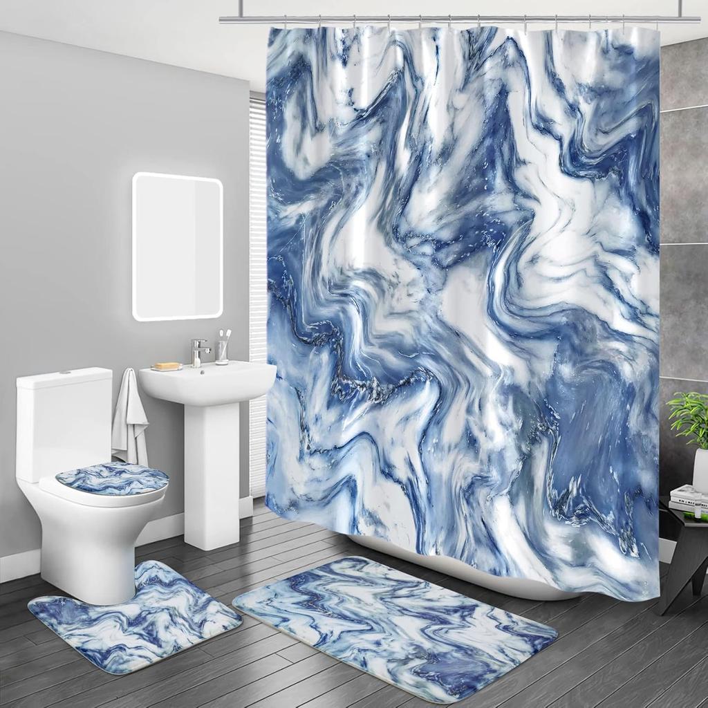 Marble Bathroom Sets With Shower Curtain And Rugs And Accessories, Abstract Grey Gold White, Modern, Gray Bathroom Decor Set