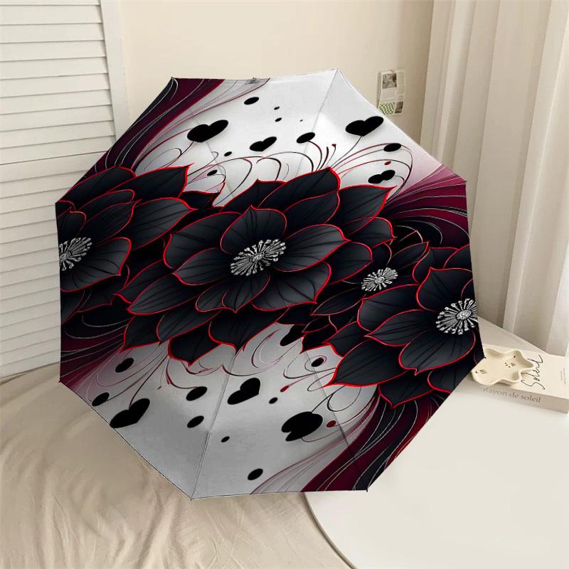 

1pc Black Flowers Automatic Open/Close Umbrella Compact Folding Umbrella with 8-Rib Shaft for Women/Men, Elegant Birthday1201S