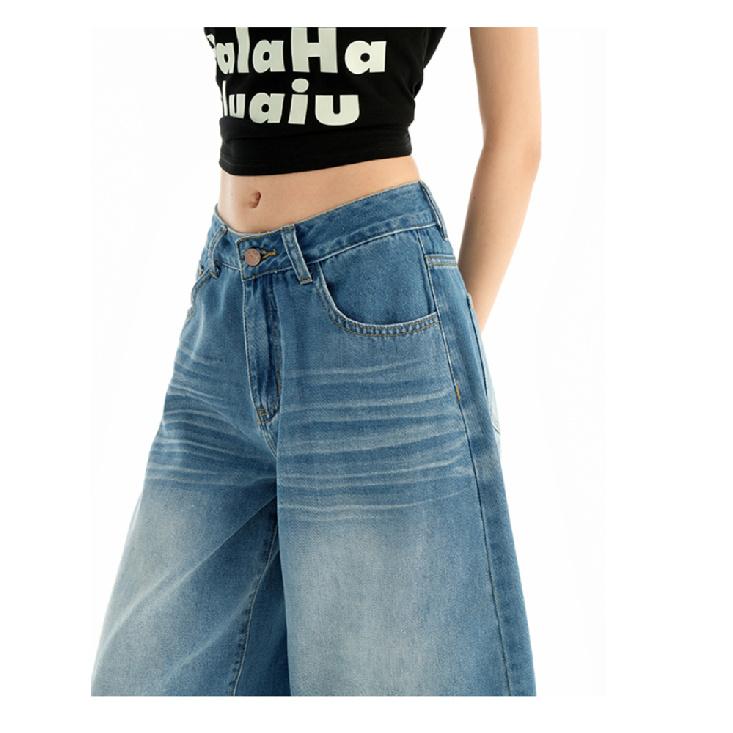 High Waist Calf-Length Denim Pants Women'S Retro Washed Harajuku Wide Leg Jeans Casual Loose Y2K Streetwear Mid Long Denim Jeans
