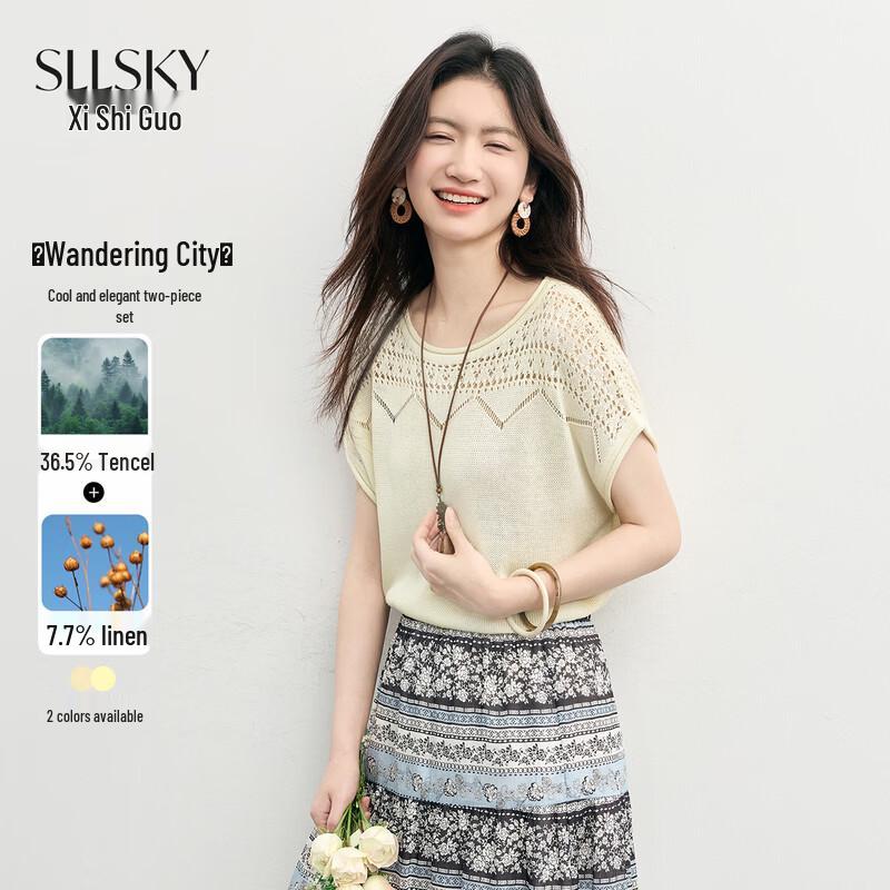 sllsky Women s Bohemian Hollow Knit Short-Sleeve Top L