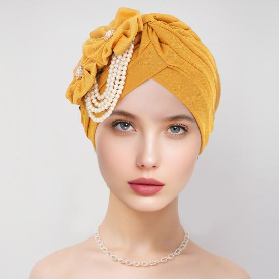 Women Headscarf Hat Imitation Pearls Flower Decor Turban Hat Solid Color Stretchable Fit Headband Sleep Hat