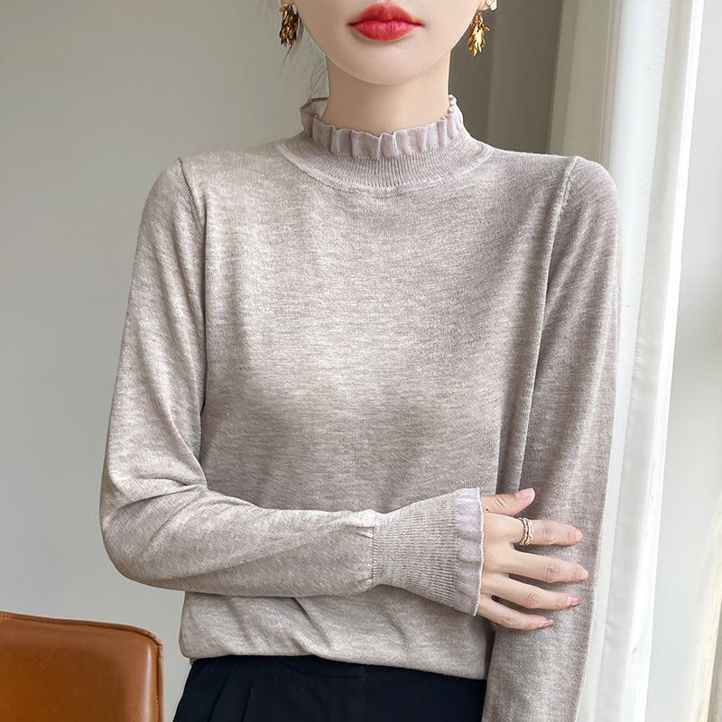Women's Simple Ruffled Half-High Neck Thin Knitted Wool Sweater Lace Elegant Solid Color Comfortable Frilled Base Layer
