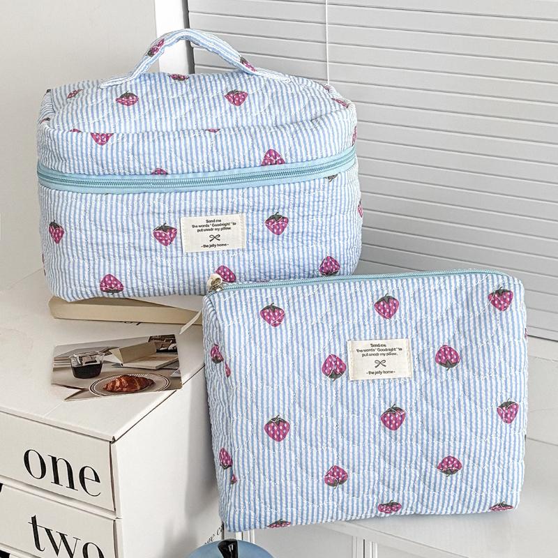 Women Cosmetic Bag Cute Zipper Blue Pink Strawberry Travel Organizer Toiletry Makeup Storage Pouch Handbag Ladies Zipper Bag