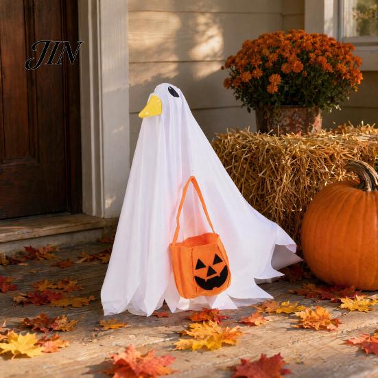 Halloween Party Decor Goose Outfit, Ghost Porch Clothes with Pumpkin Bag for 23" Durable Decoration Statue, Accessory Outdoor Patio Lawn Yard
