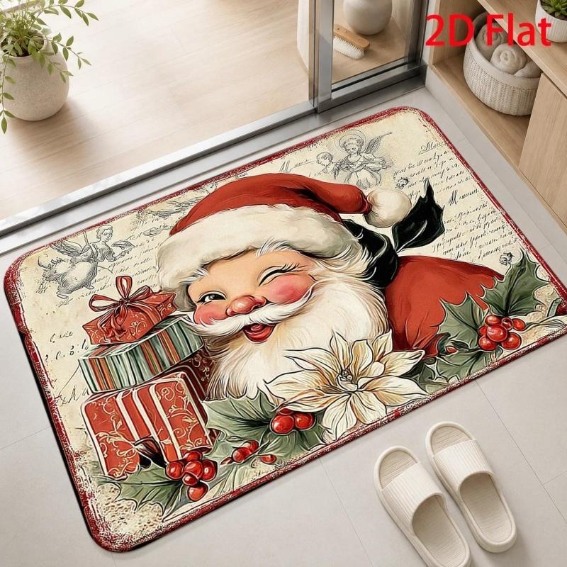 Vintage Santa Claus Christmas Doormat, Gift Holly Printed Floor Mat, Retro Holiday Indoor Entryway Rug