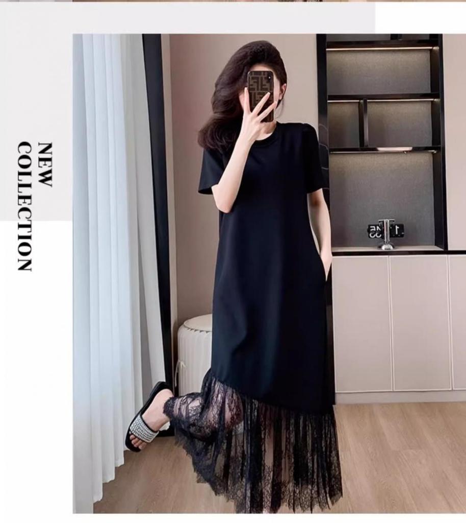 French Lace Patchwork Plus Size Summer Dress - Elegant Loose Short Sleeve Skirt for Women