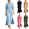 Women's Casual Color Dress with Mandarin Collar, Three-Quarter Sleeves and Slit Hem