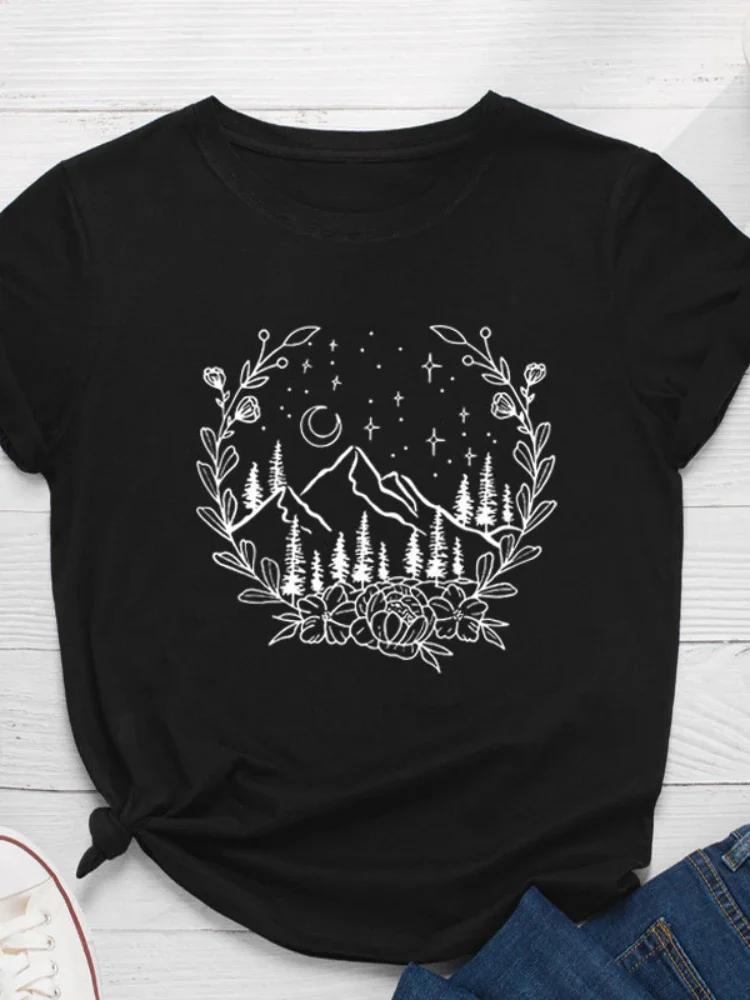 

Wreath Moon Mountain Print Женская футболка с коротким рукавом и круглым вырезом Свободная женская футболка Женская футболка Топы Одежда Camisetas Mujer XXXL чёрный