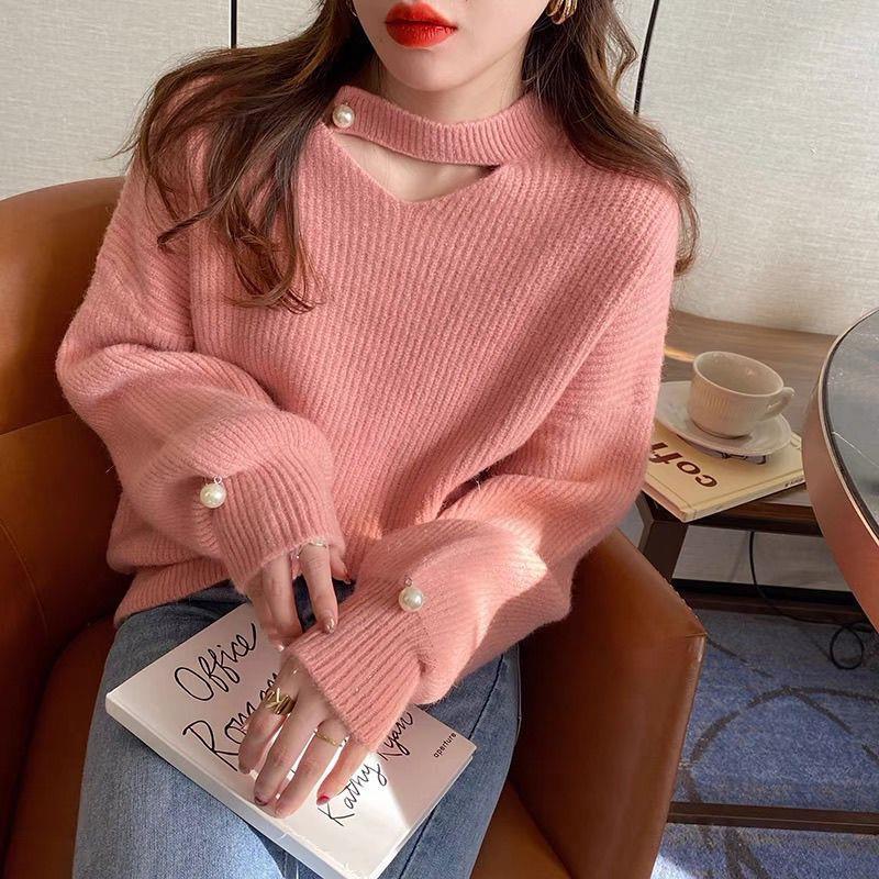 Women's Designer Loose V-Neck Pink Knitted Sweater for Autumn/Winter 2024
