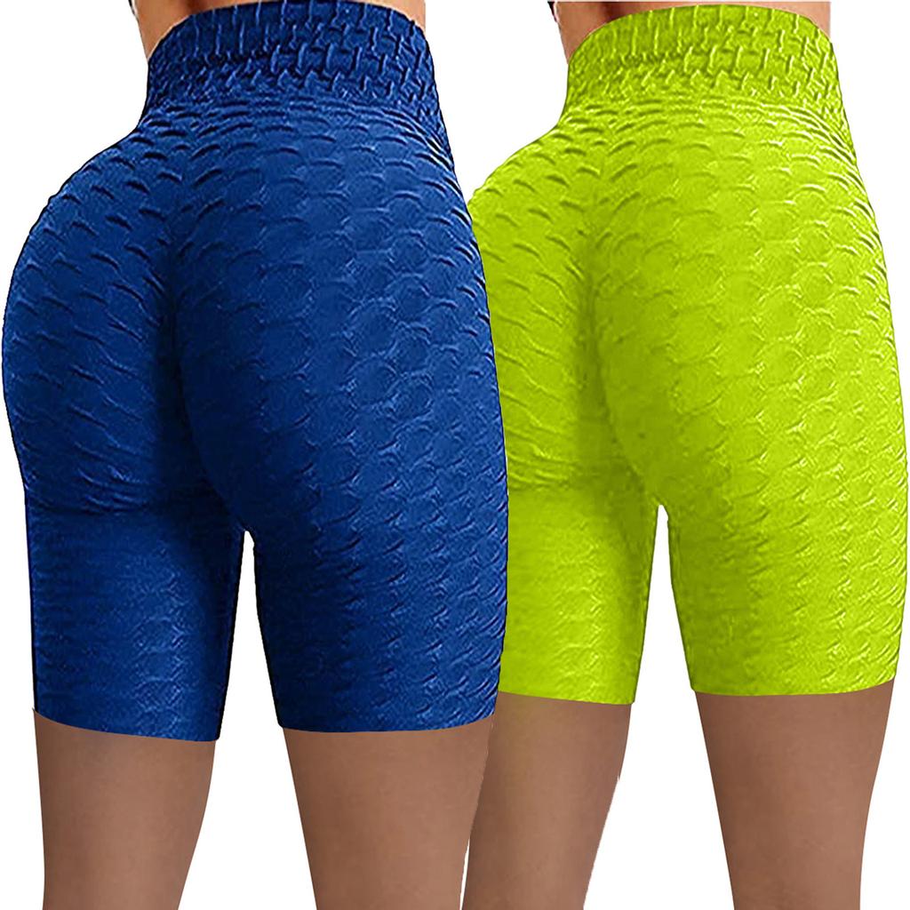 2PCWomen Wrinkled High Waist Hip Stretch Running Fitness Yoga Pants Biker Shorts
