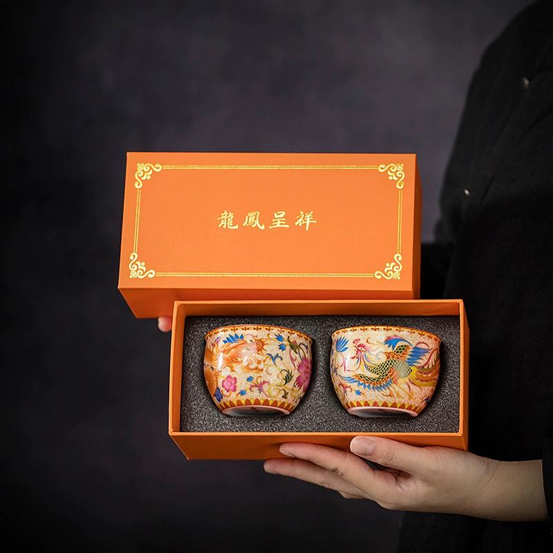 Gold Thread Teacup Enamel Colored Silver Tea Cup Dragon Phoenix Auspicious Creative Tea Set with Gift Box 2pcs/lot 110ml