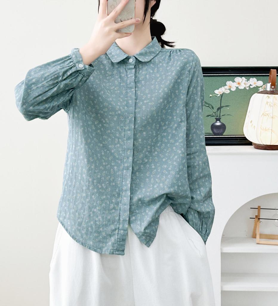 Stylish Blue Floral Double Layer Cotton Gauze Long Sleeve Women's Shirt - Spring 2026 Collection