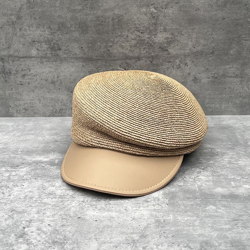 Lafite Grass Leather Brim Retro Sun Hat Female Face Small Cuties Traveling Slanted Top Straw Hat Foreign Style Equestrian Hat