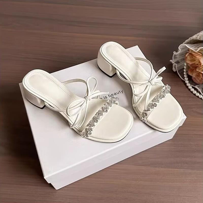 

Temperament bow cool slippers women wear new thick heel high heels with skirt one-word drag 40