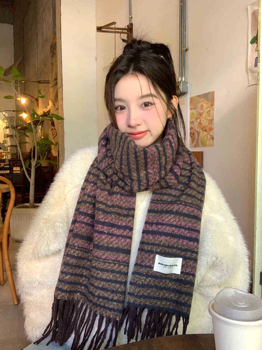 

Полосатый Утолщенный Шарф с Кисточками Премиальный Темперамент Шаль Студенческий Теплый Шарф Женский