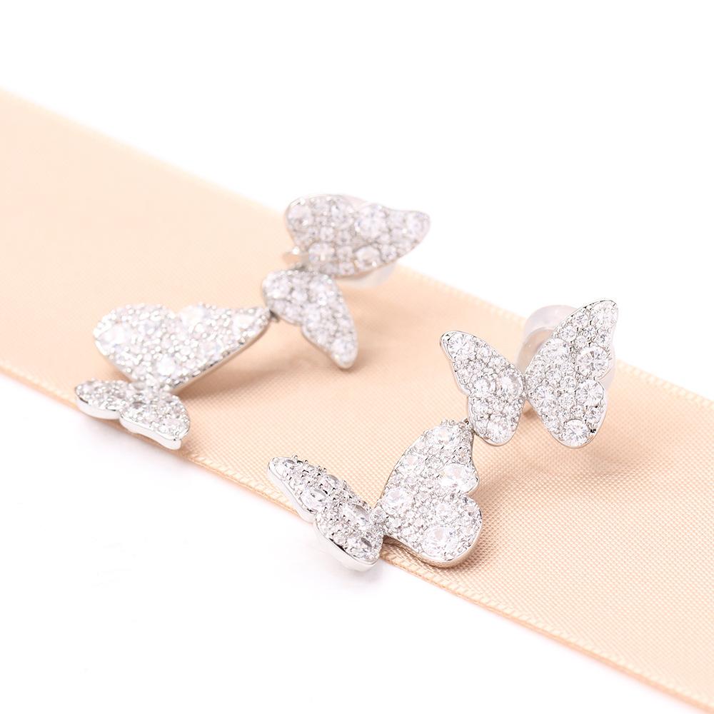 Light luxury full of zircon double butterfly earrings, gold-plated elegant temperament, no ear piercings, earrings, women's earrings, all-match.