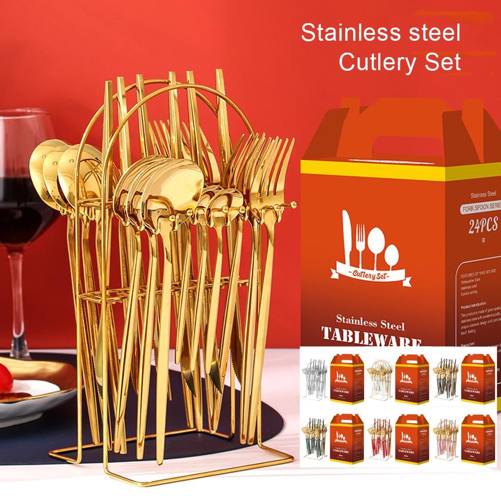 24Pcs Stainless Steel Cutlery Set Spoon Flatware Dishwasher Gold Present Knife Fork Box Portable Accessory Party