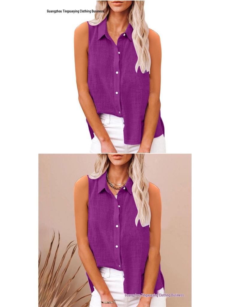 Sommer ärmelloses Revers Baumwolle Leinen Damenhemd