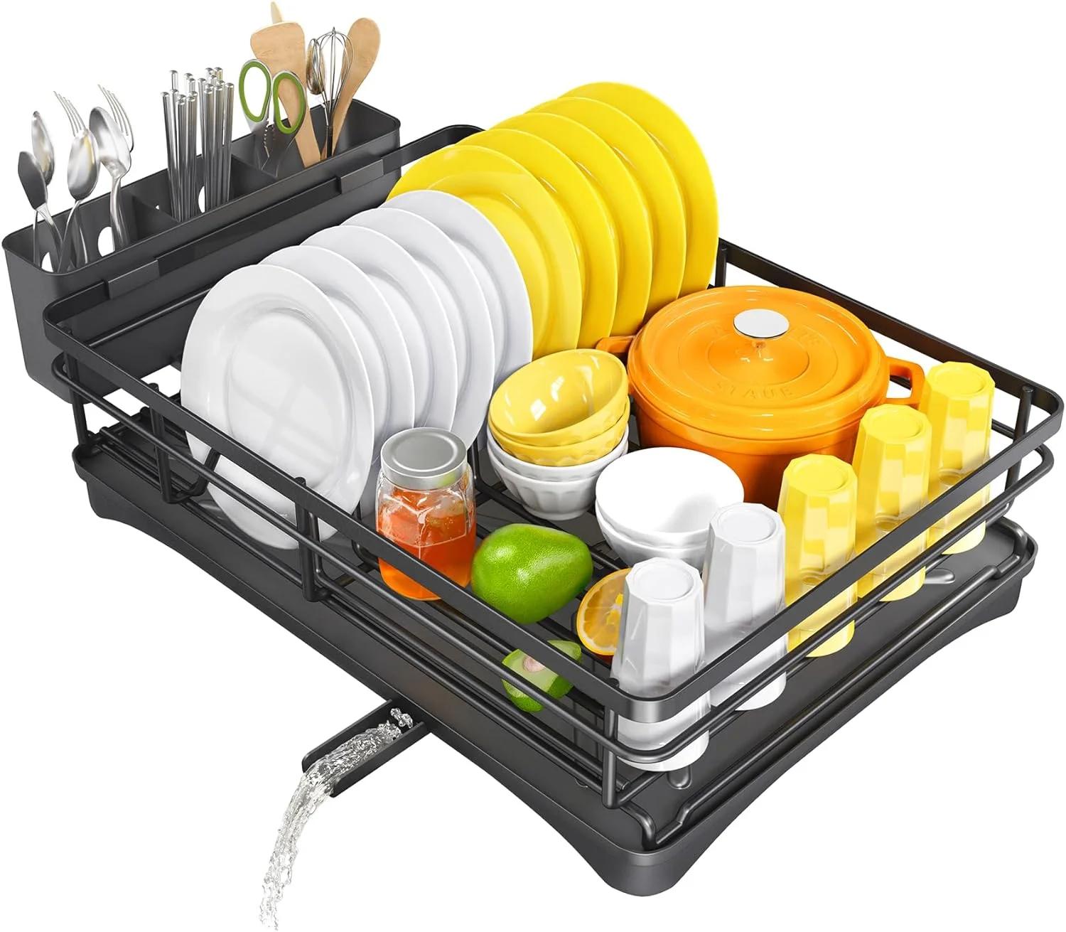 

Spacious Kitchen Dish Rack with Drainboard - Rust-Resistant Countertop Drainer with Utensil Holder for Efficient Drying 1-tier чёрный