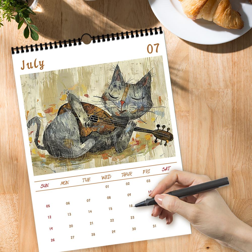 1pc Guitar-Playing Cat Wall Calendar - Pet Cat Theme, with 12 Different Designs, Suitable As a Gift for Birthdays, Christmas