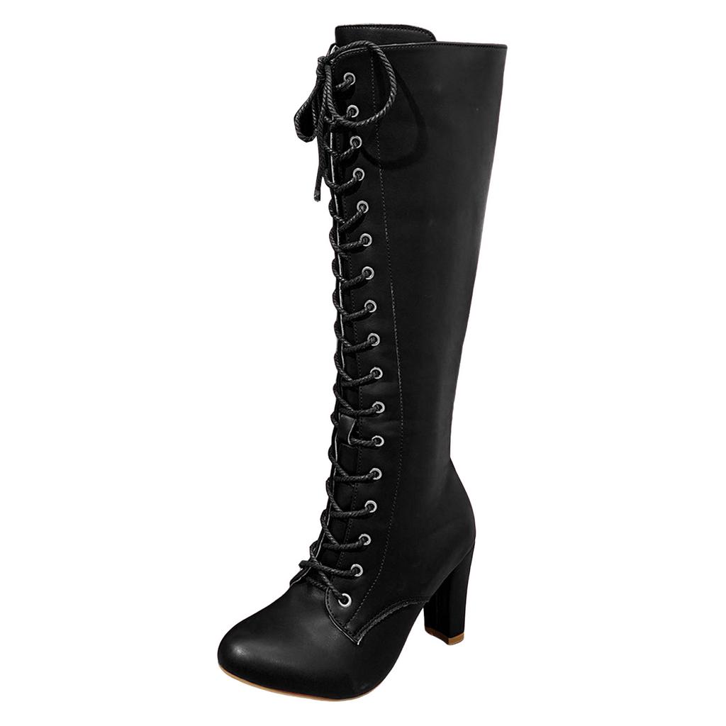 Übergröße Europäische Schnürstiefel Damen Winter Chunky Hoher Absatz Mode Stiefel Damen Stiefel Knielang Weit