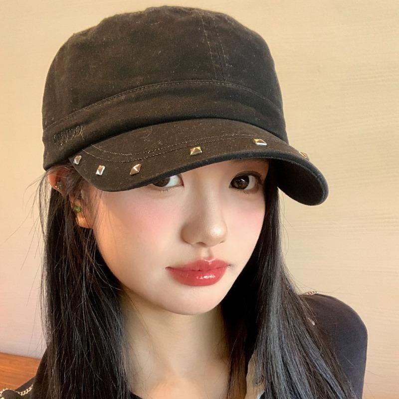 Women S Black Flat Top Beret Hat With Rivets Vintage Street Style Washable Casual