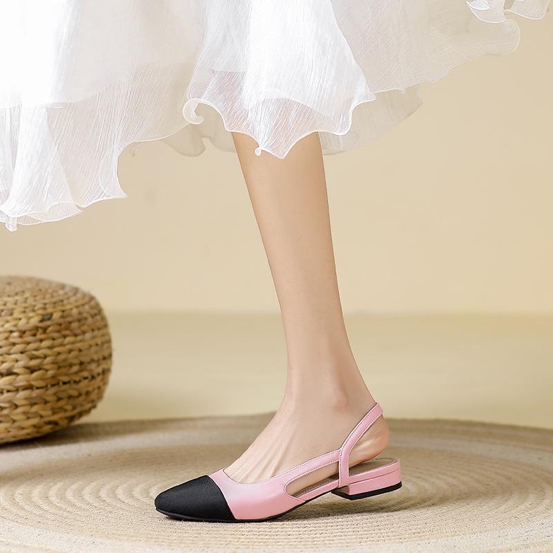 In Stock French Coco Style Soft Leather Color Block Low Cut Sandals - Women's Spring Mid and Thick Flat Heels