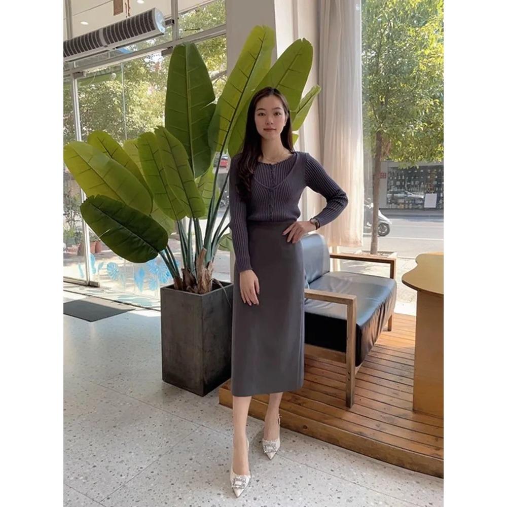 

High Waist Straight Suit Fabric Skirt Back Slit Long Flowy Casual All-macth Skirt XXL чорний