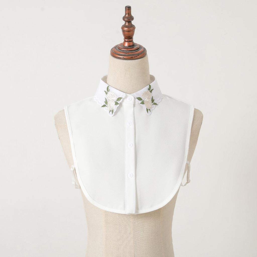 Women's Elegant Camellia Embroidered Detachable Collar Shirt – White