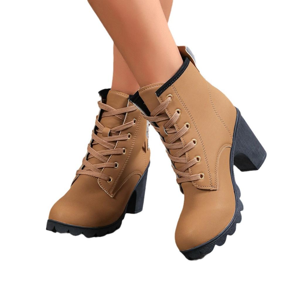 Autumn and Winter New Large-size Women's Boots Rhinestone High-heeled Round Head Lace-up Thick-heeled Fashion Boots