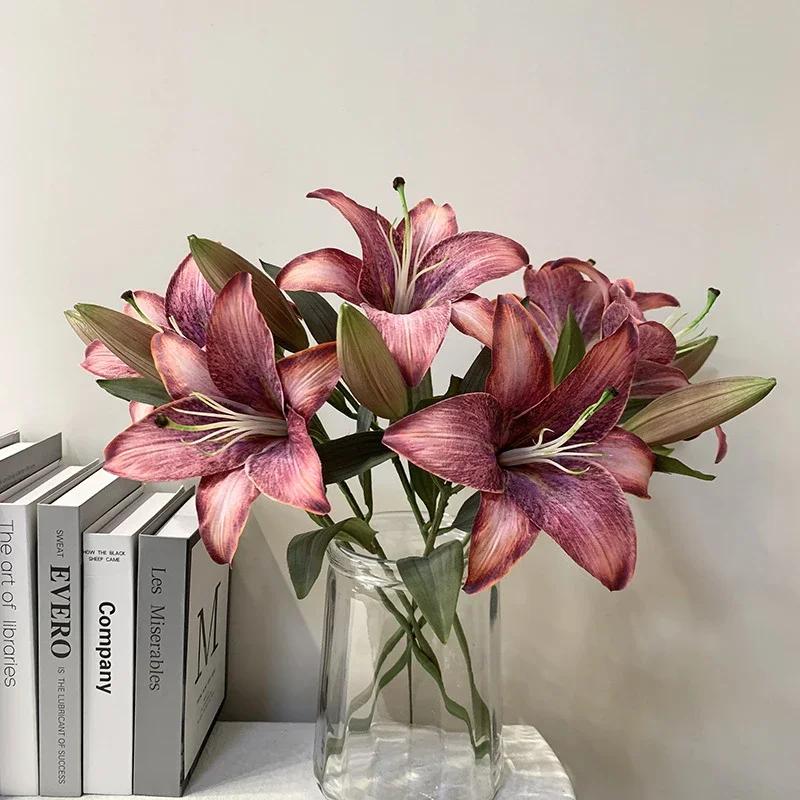 Artificial Plants Ornament Premium Lily Artificial Flower Living Room TV Cabinet Dining Table Vase Flower Arrangement Decoration