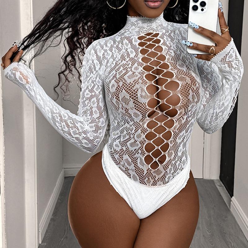 White silk erotic underwear, sexy temptation, jacquard cutout, tight bikini, long sleeves, turtleneck, one-piece mesh coat