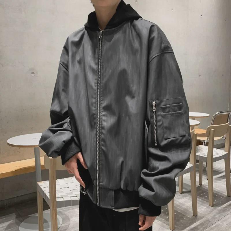 Men's Retro Faux Two-Piece Hooded Leather Jacket - Trendy Spring/Autumn Motorcycle Workwear