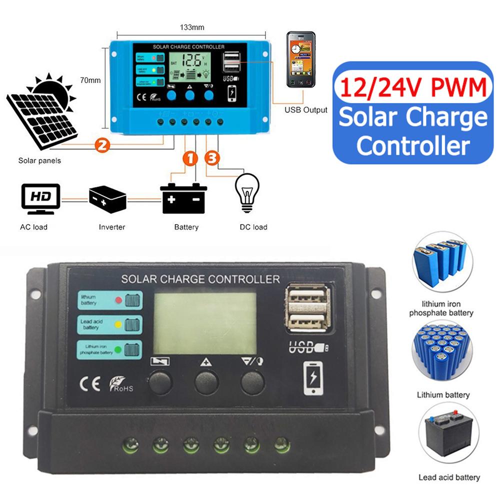 10A 20A 30A Solar Charge Controller 12V 24V Solar Panel PV Controller for Lifepo4 Lithium GEL Lead Acid Battery 24h Shipping