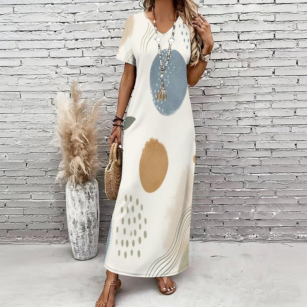 Women Plus Size V Neck Short Sleeve Abstract Floral Printed Long Dress